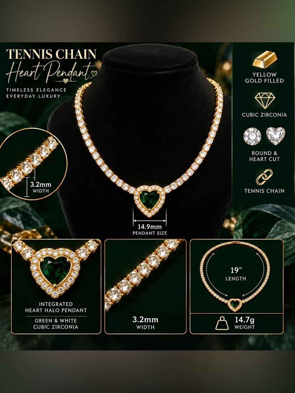 3.2mm Yellow Gold Emerald Green Heart Halo CZ Tennis Necklace 19in. - Picture 3 of 16